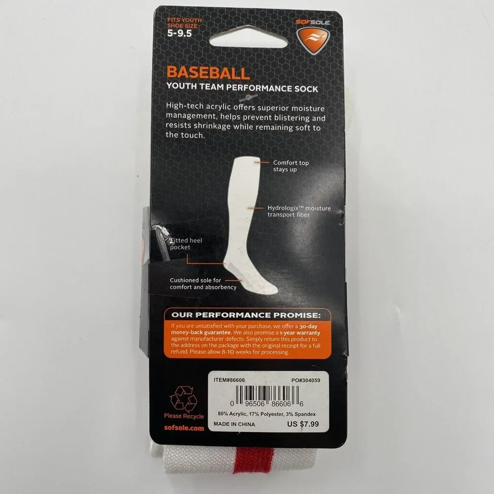 2 Pair Sof Sole Baseball Stirrup Over-the-Calf Performance Socks White/Red 5-9.5